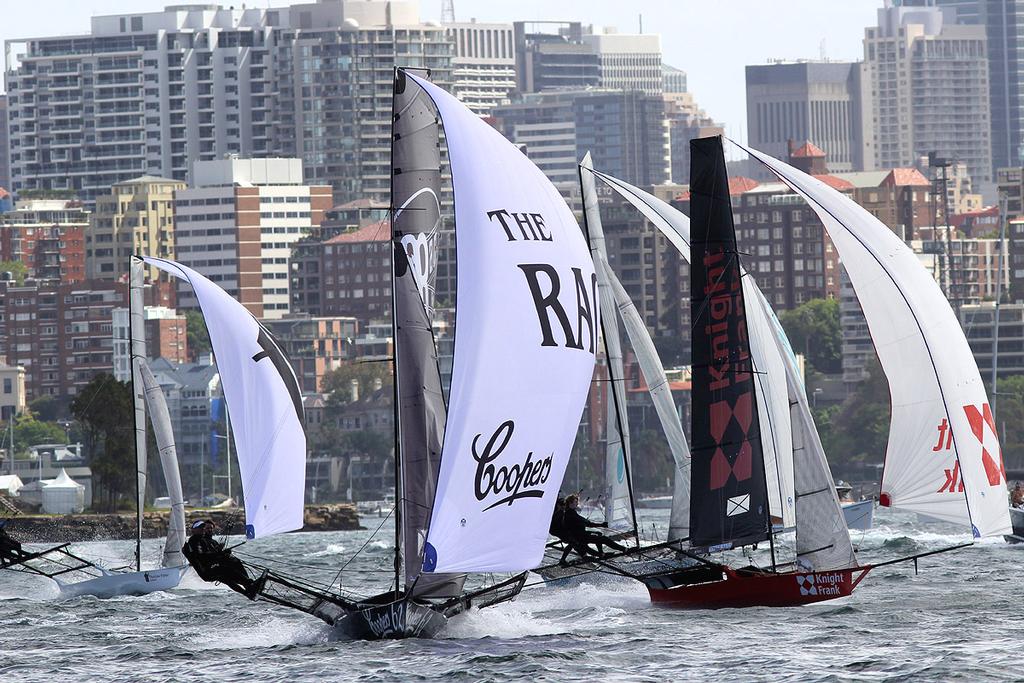 Coopers 62-Rag & Famish Hotel leads a group of skiffs shortly after the first windward mark - Race 2 - 2017 JJ Giltinan Trophy 18ft Skiff Championship, February 26, 2017 © Frank Quealey /Australian 18 Footers League http://www.18footers.com.au